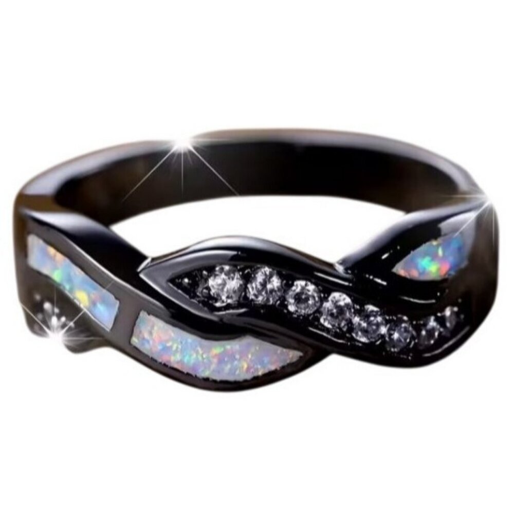 White Ethiopian Fire Opal eternity band wedding ring set with CZ set in Rhodium